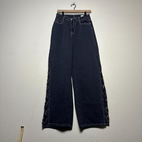 Y2K Shein Denim Jean Pant Women 27 Side Chains Punk Indie Rock Bootcut Flare - Picture 1 of 11